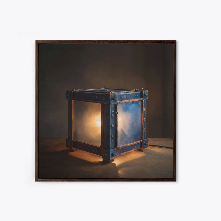 Industrial Lamp with Warm Glow Framed Canvas Print, Industrial Art, Metal Art, Living Room Decor, Foundry, Gallery Decor, IND-1x1-47
