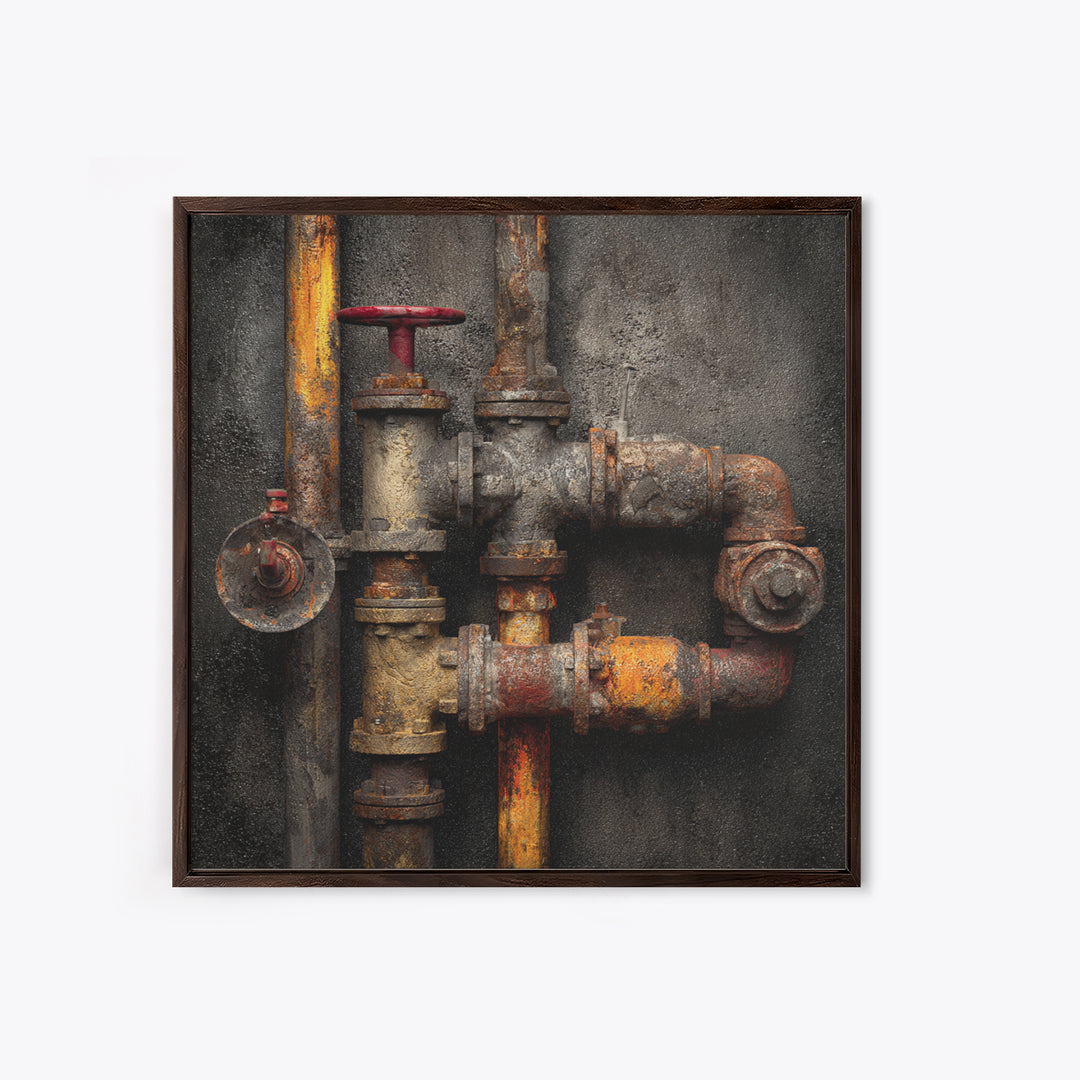 Metal Pipes and Valves as Graphic Composition Framed Canvas Print, Industrial Art, Wall Hanging, Living Room Decor, Foundry, IND-1x1-56
