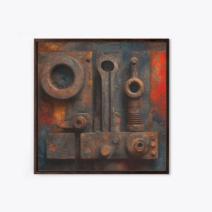 Brass Gauge and Machinery Still Life Framed Canvas Print, Industrial Art, Minimalist Decor, Living Room Decor, Oil Painting, IND-1x1-61