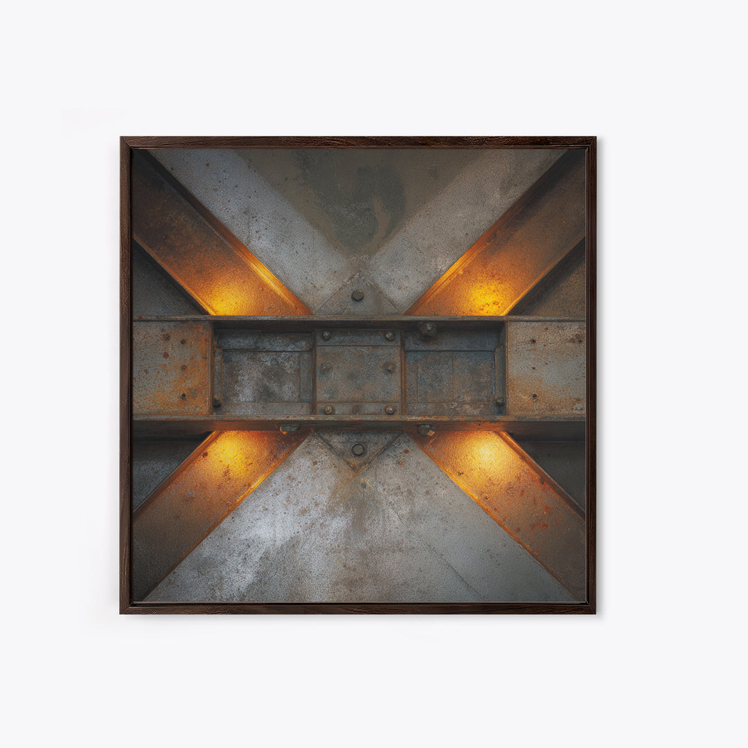 Steel Beams Crossing Like Abstract Lines Framed Canvas Print, Industrial Art, Wall Art, Living Room Decor, Fine Art, Foundry, IND-1x1-65