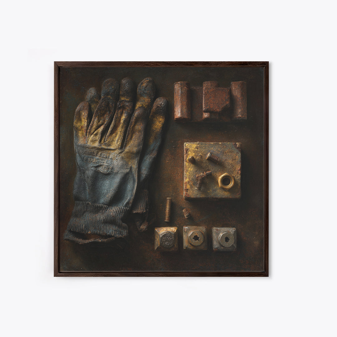 Worn Work Gloves and Bolts Arrangement Framed Canvas Print, Industrial Art, Texas Art, Living Room Decor, Abstract Art, Foundry, IND-1x1-66