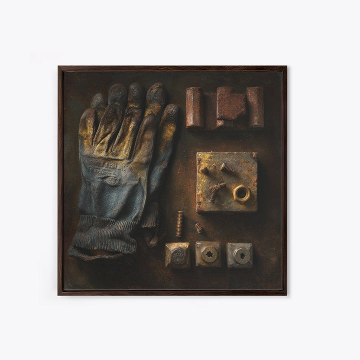 Worn Work Gloves and Bolts Arrangement Framed Canvas Print, Industrial Art, Texas Art, Living Room Decor, Abstract Art, Foundry, IND-1x1-66