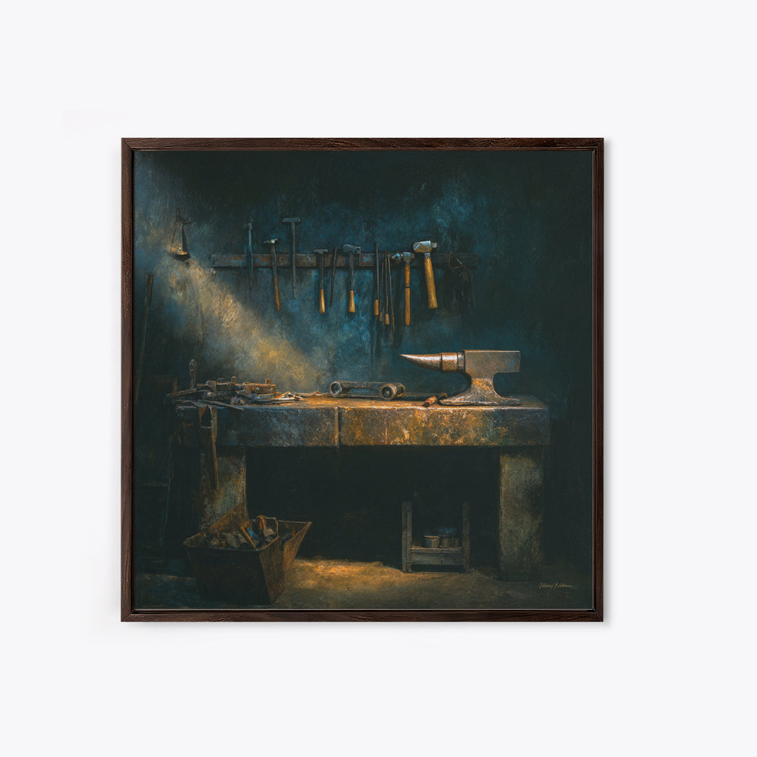 Blacksmith Tools on Dark Workbench Canvas Print, Industrial Art, Textured Painting, Living Room Decor, Oil Painting, Foundry, IND-1x1-82