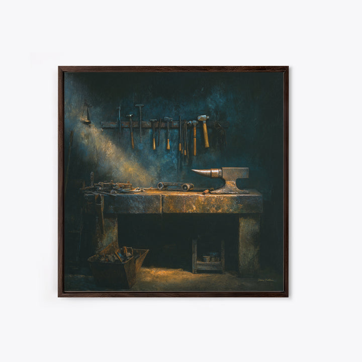 Blacksmith Tools on Dark Workbench Canvas Print, Industrial Art, Textured Painting, Living Room Decor, Oil Painting, Foundry, IND-1x1-82
