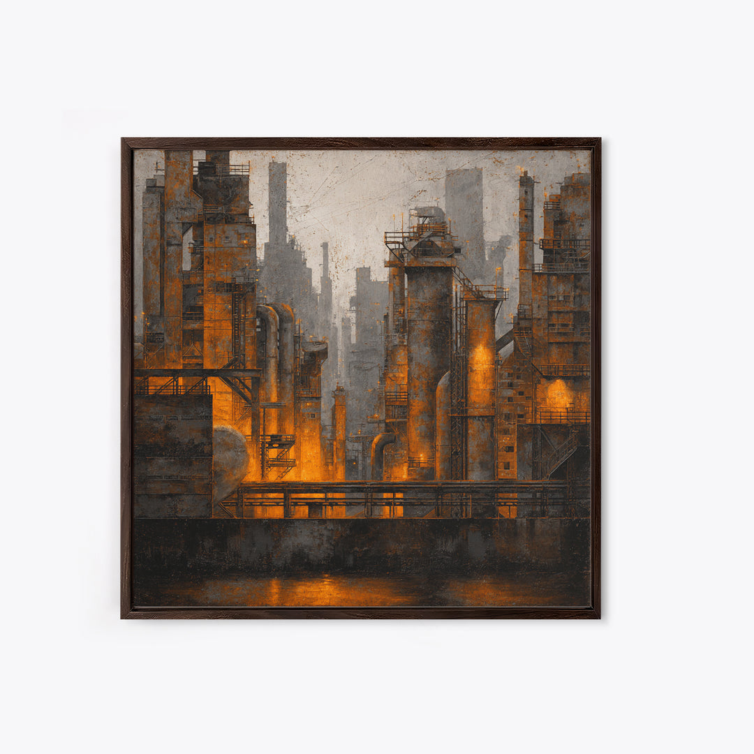 Industrial City Skyline Framed Canvas Print, Industrial Art, Bauhaus Poster, Living Room Decor, Fine Art, Foundry, IND-1x1-84