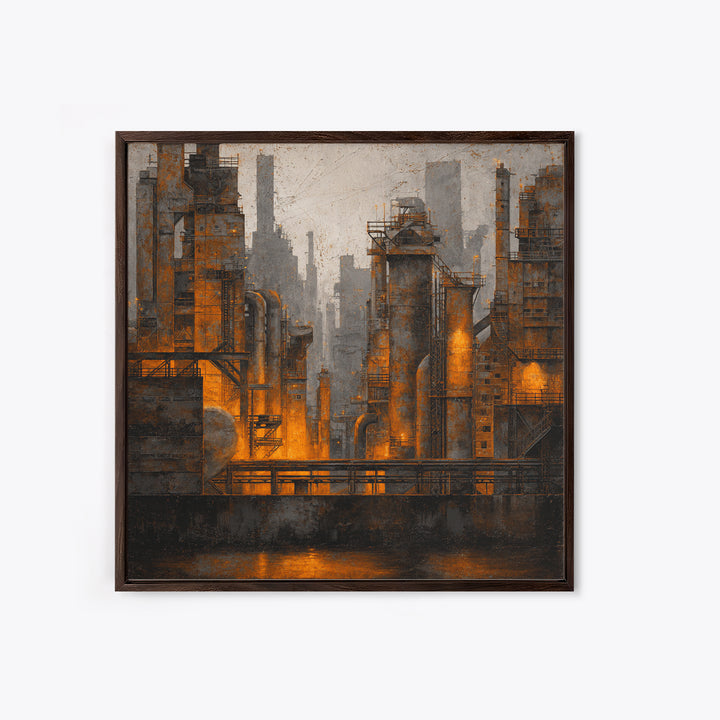 Industrial City Skyline Framed Canvas Print, Industrial Art, Bauhaus Poster, Living Room Decor, Fine Art, Foundry, IND-1x1-84