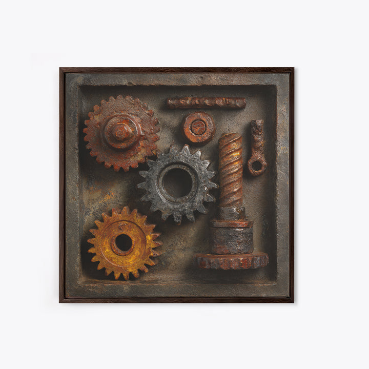 Rusted Gears Arranged as Sculptural Still Life Canvas Print, Industrial Art, Abstract Art, Living Room Decor, Oil Painting, IND-1x1-97