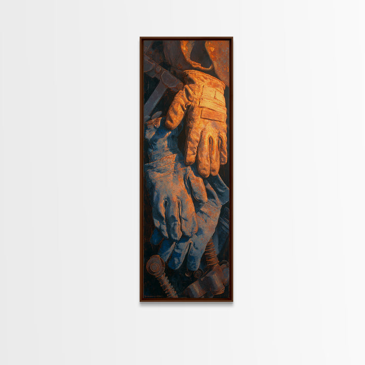Worn Work Gloves and Bolts Arrangement Framed Canvas Print, Industrial Art, Fine Art Print, Living Room Decor, Oil Painting, IND-1x3-54