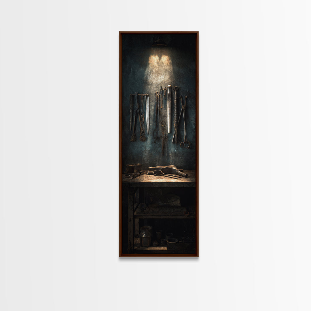 Blacksmith Tools on Dark Workbench Framed Canvas Print, Industrial Art, Luxury Decor, Living Room Decor, Fine Art, Foundry, IND-1x3-70