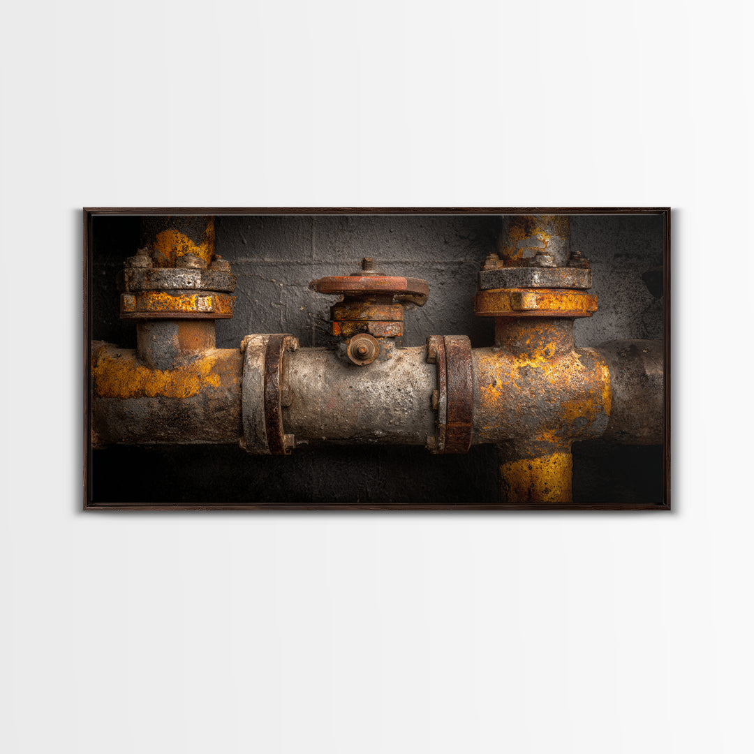 Metal Pipes and Valves as Graphic Composition Framed Canvas Print, Industrial Art, Living Room Art, Living Room Decor, Foundry, IND-2x1-100