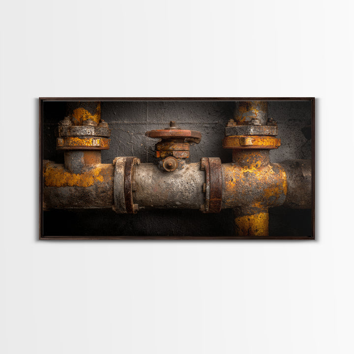 Metal Pipes and Valves as Graphic Composition Framed Canvas Print, Industrial Art, Living Room Art, Living Room Decor, Foundry, IND-2x1-100