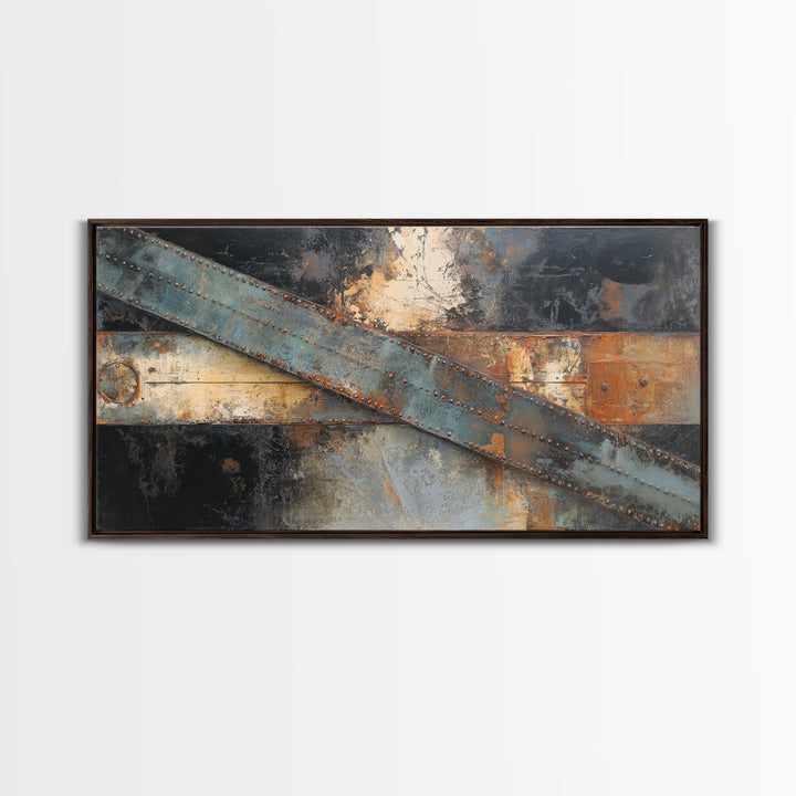 Steel Beams Crossing Like Abstract Lines Framed Canvas Print, Industrial Art, Wall Hanging, Living Room Decor, Abstract Art, IND-2x1-13