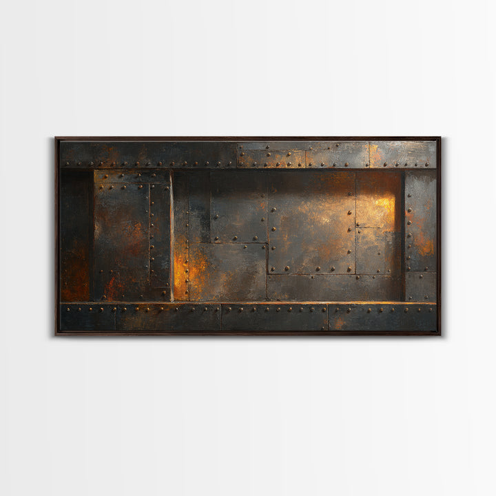 Riveted Metal Panel Texture Study Framed Canvas Print, Industrial Art, Wall Art, Living Room Decor, Fine Art, Foundry, IND-2x1-18