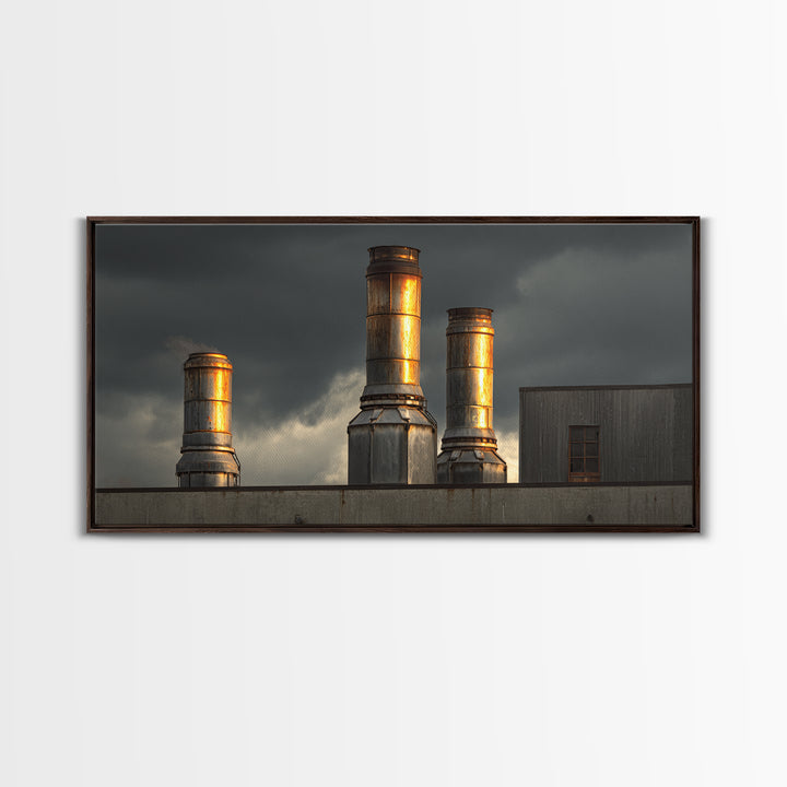 Factory Smokestacks with Moody Sky Canvas Print, Industrial Art, Abstract Art, Living Room Decor, Foundry, Bauhaus Poster, IND-2x1-31