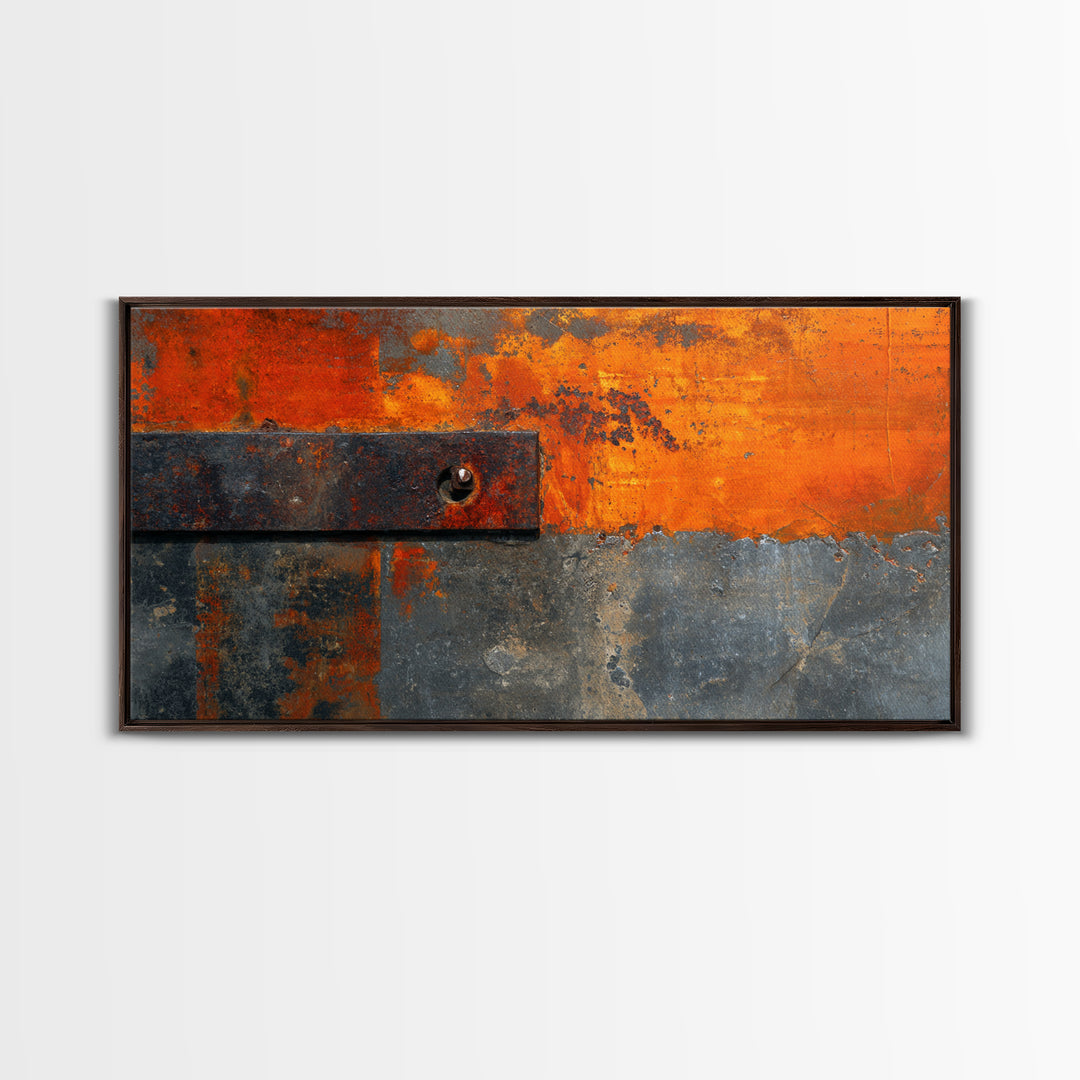 Rust Orange and Charcoal Geometric Abstraction Framed Canvas Print, Industrial Art, Living Room Decor, Abstract Art, Foundry, IND-2x1-34