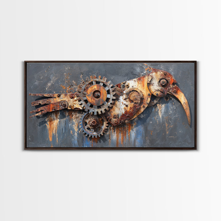 Mechanical Bird Made from Gears Canvas Print, Industrial Art, Original Painting, Living Room Decor, Oil Painting, Foundry, IND-2x1-39