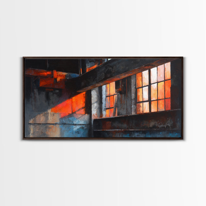 Old Factory Window Framed Canvas Print, Industrial Art, Art Prints, Living Room Decor, Fine Art, Foundry, Abstract Painting, IND-2x1-46