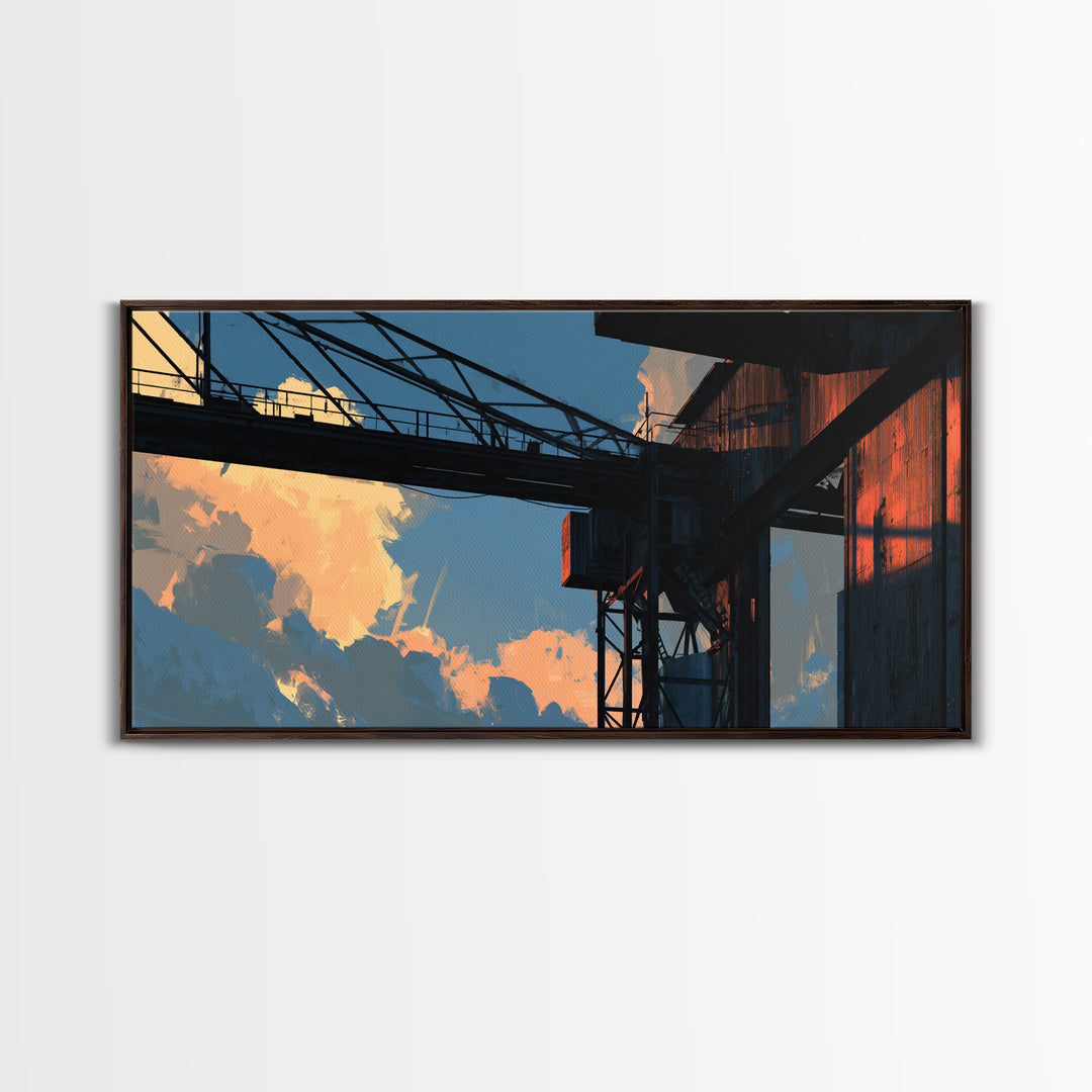 Warehouse Crane Silhouette Framed Canvas Print, Industrial Art, Metal Art, Living Room Decor, Watercolor Art, Foundry, IND-2x1-51