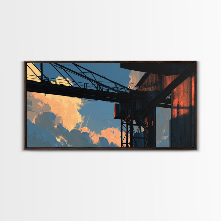 Warehouse Crane Silhouette Framed Canvas Print, Industrial Art, Metal Art, Living Room Decor, Watercolor Art, Foundry, IND-2x1-51