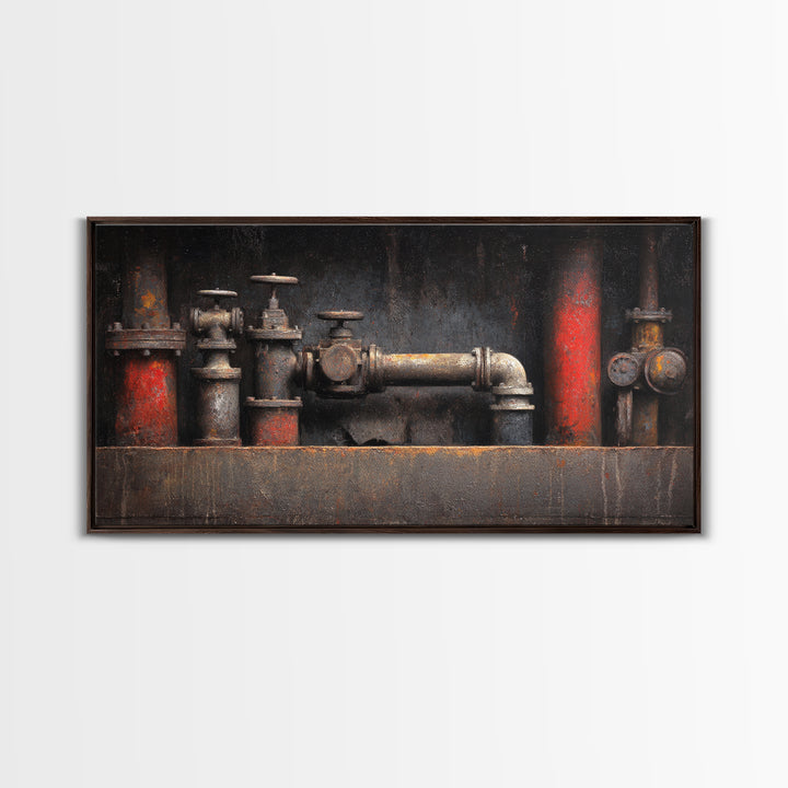 Metal Pipes and Valves as Graphic Composition Canvas Print, Industrial Art, Digital Prints, Living Room Decor, Foundry, IND-2x1-52