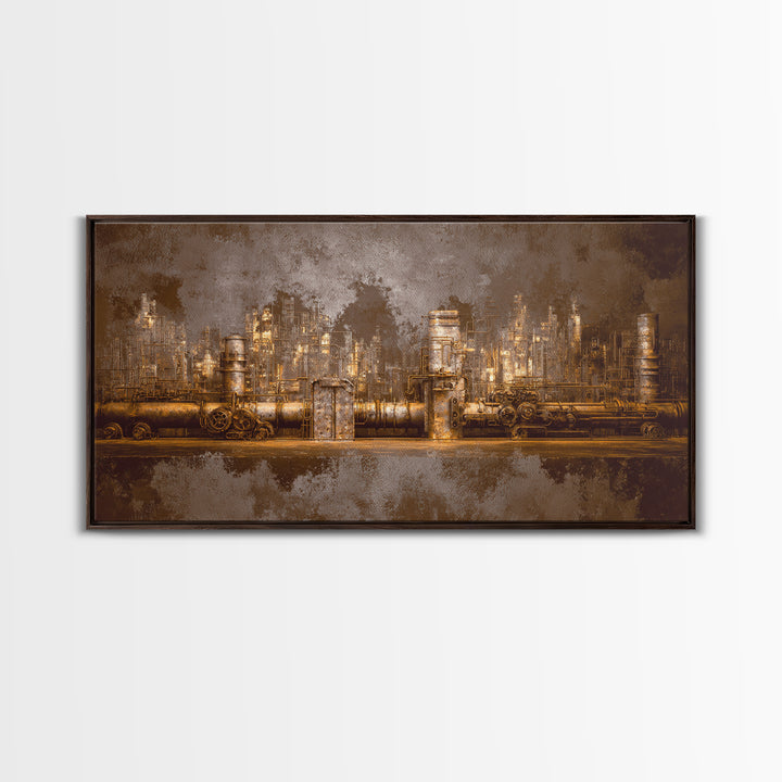 Industrial City Skyline Framed Canvas Print, Industrial Art, Living Room Decor, Abstract Art, Foundry, Abstract Painting, IND-2x1-56