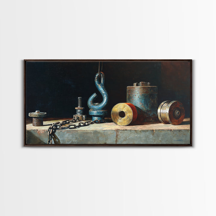 Chain and Hook Still Life Framed Canvas Print, Industrial Art, Art Print, Living Room Decor, Oil Painting, Foundry, Modern Art, IND-2x1-60