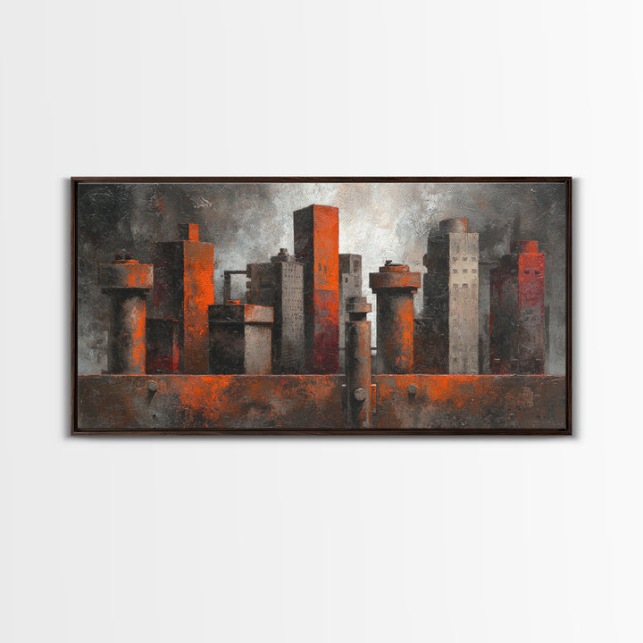 Industrial City Skyline Framed Canvas Print, Industrial Art, Luxury Decor, Living Room Decor, Abstract Art, Foundry, Art Print, IND-2x1-8