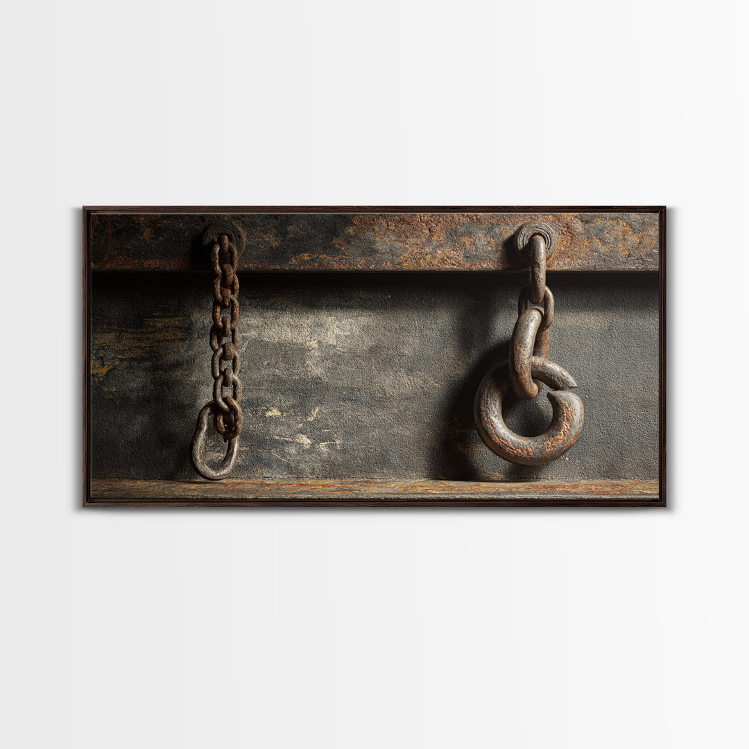 Chain and Hook Still Life Framed Canvas Print, Industrial Art, Abstract Painting, Living Room Decor, Fine Art, Foundry, IND-2x1-84