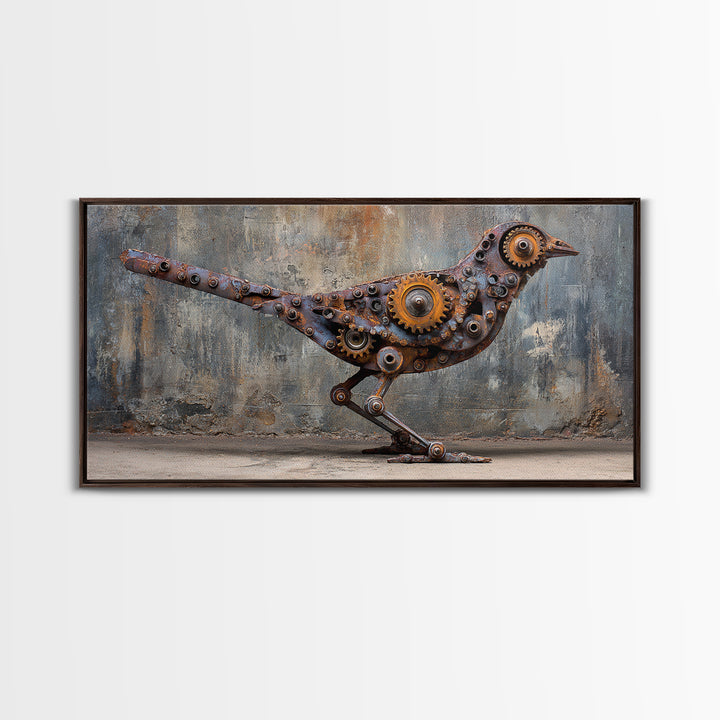 Mechanical Bird Made from Gears Framed Canvas Print, Industrial Art, Contemporary Art, Living Room Decor, Fine Art, Foundry, IND-2x1-87