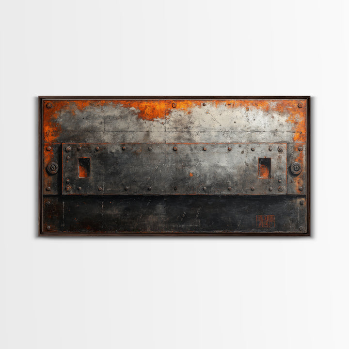 Riveted Metal Panel Texture Study Framed Canvas Print, Industrial Art, Wall Hanging, Living Room Decor, Oil Painting, Foundry, IND-2x1-90