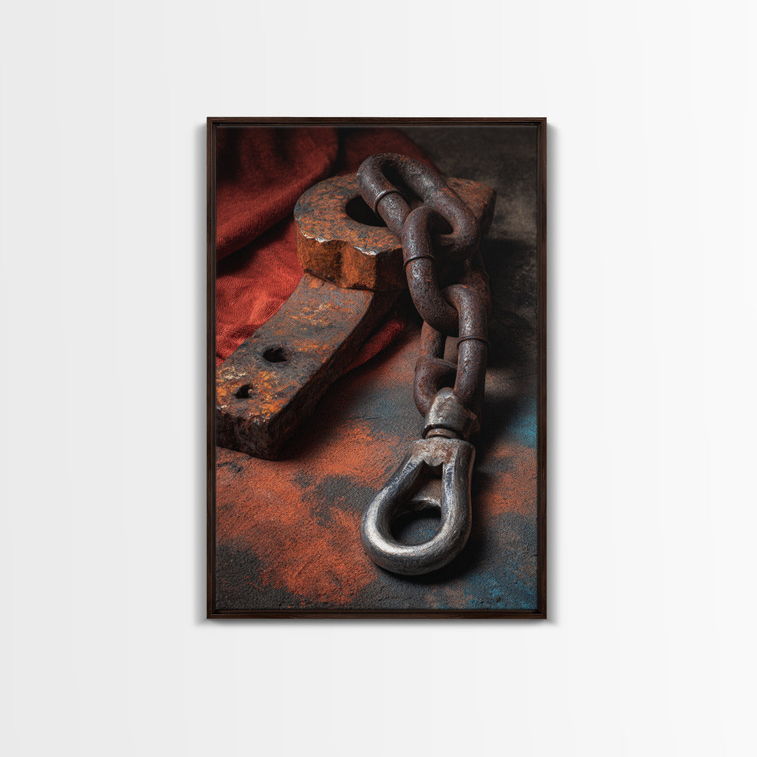 Chain and Hook Still Life Framed Canvas Print, Industrial Art, Minimalist Decor, Living Room Decor, Fine Art, Foundry, IND-2x3-24