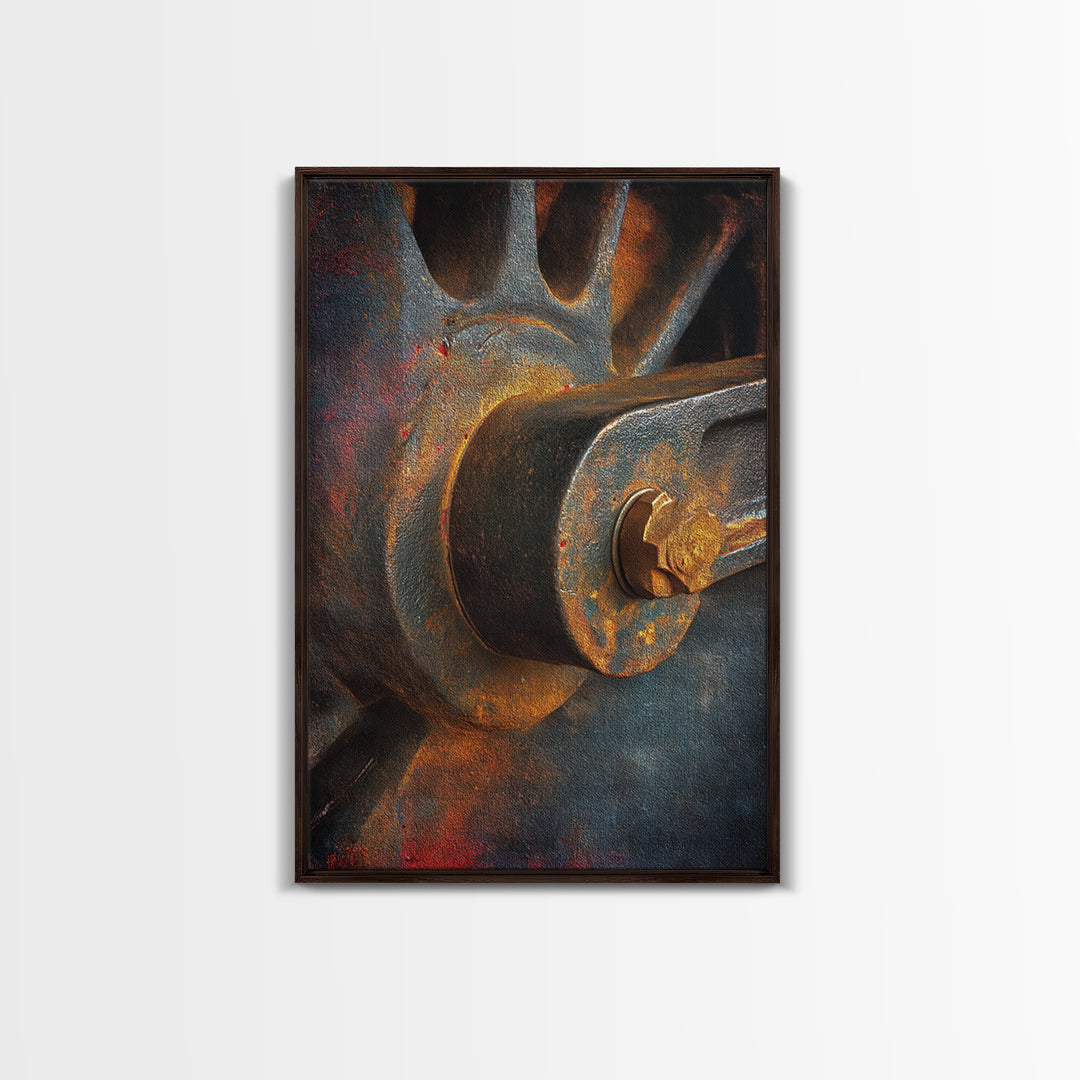 Steam Locomotive Wheel Closeup Framed Canvas Print, Industrial Art, Wall Hanging, Living Room Decor, Fine Art, Foundry, IND-2x3-38