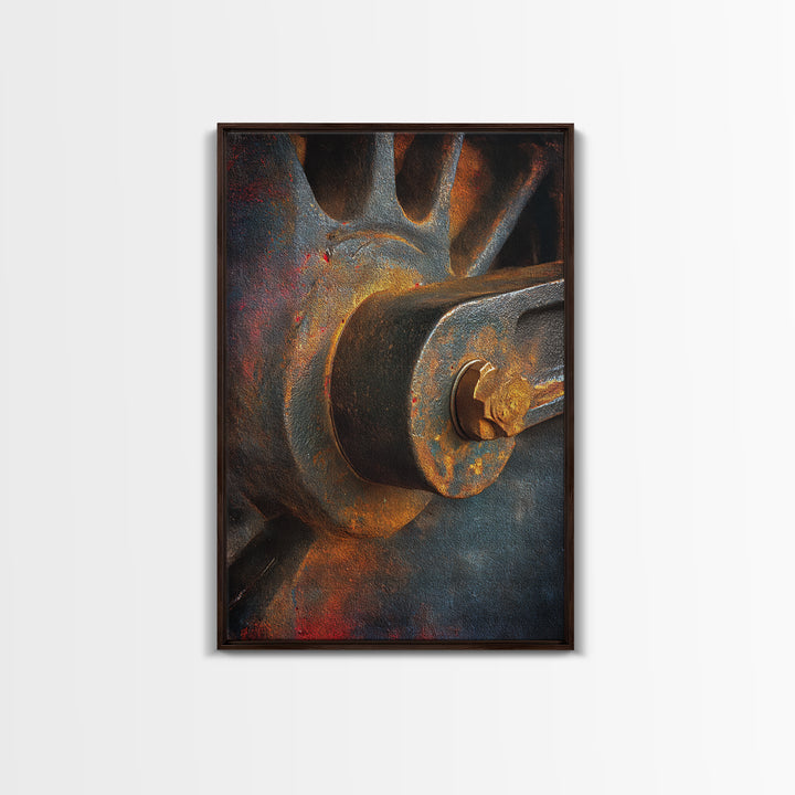 Steam Locomotive Wheel Closeup Framed Canvas Print, Industrial Art, Wall Hanging, Living Room Decor, Fine Art, Foundry, IND-2x3-38