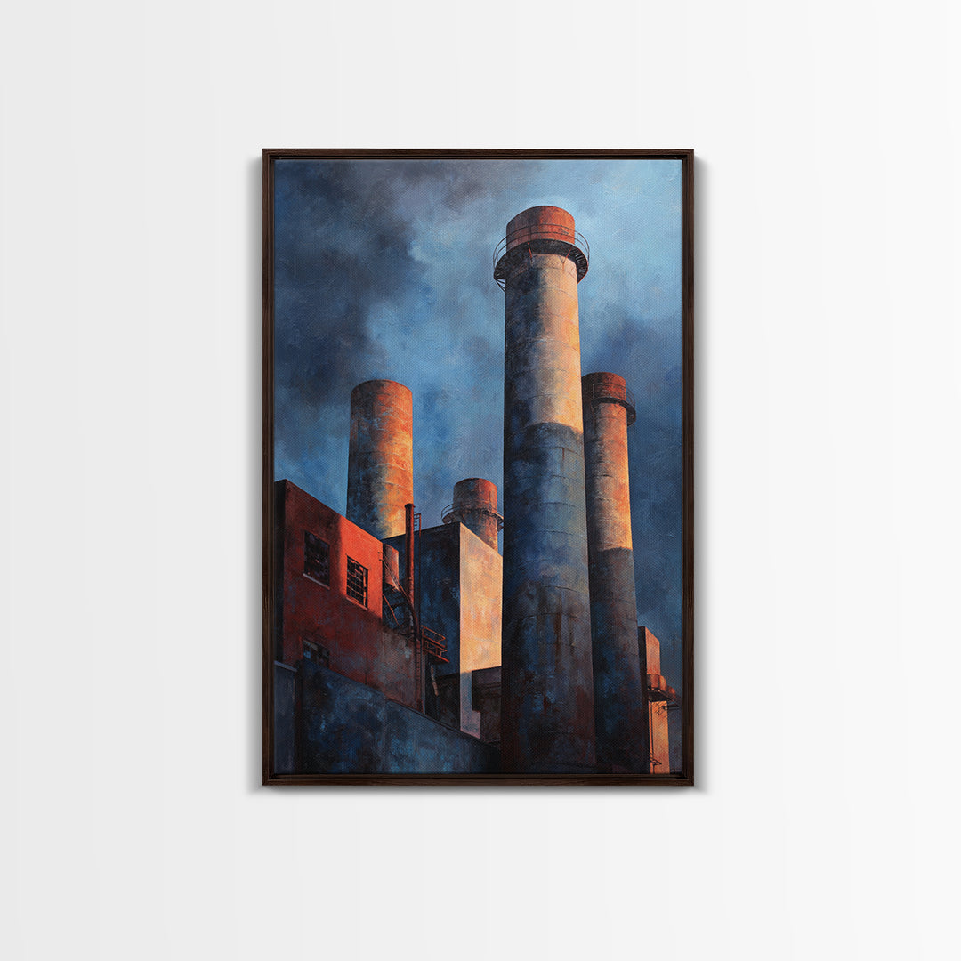 Factory Smokestacks with Moody Sky Framed Canvas Print, Industrial Art, Large Art, Living Room Decor, Fine Art, Foundry, IND-2x3-43