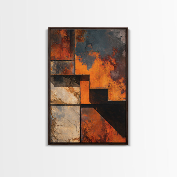 Rust Orange and Charcoal Geometric Abstraction Framed Canvas Print, Industrial Art, Art Print, Living Room Decor, Foundry, IND-2x3-46