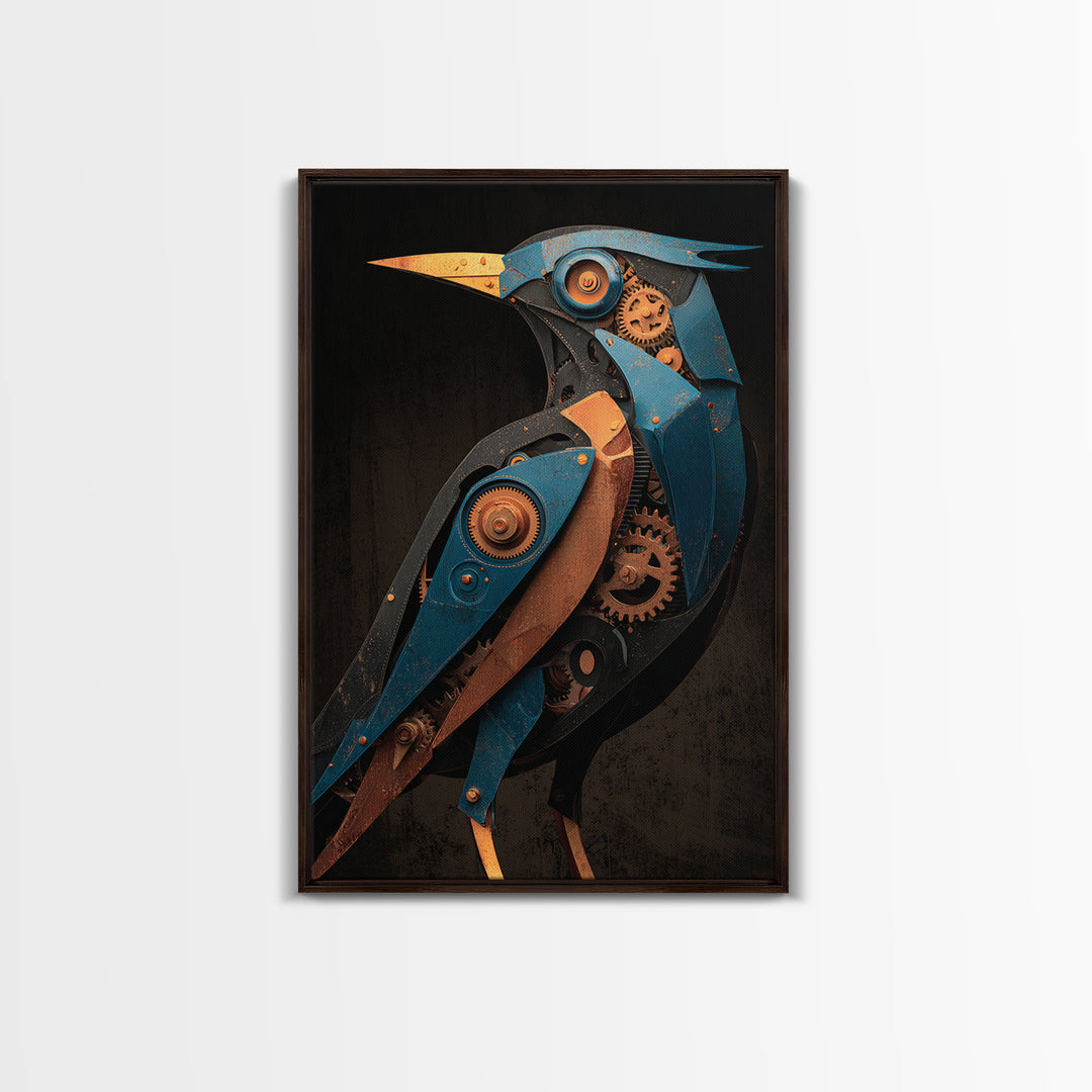 Mechanical Bird Made from Gears Framed Canvas Print, Industrial Art, Metal Art, Living Room Decor, Oil Painting, Foundry, IND-2x3-51