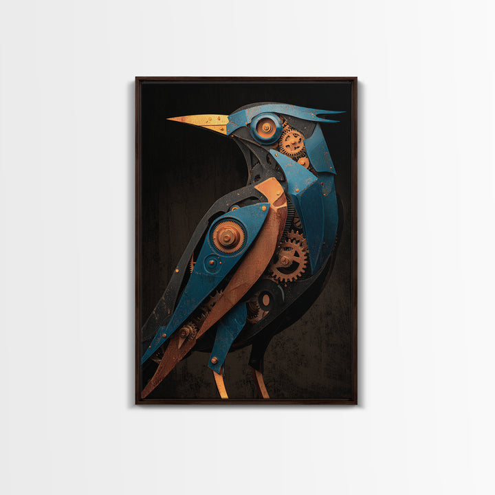 Mechanical Bird Made from Gears Framed Canvas Print, Industrial Art, Metal Art, Living Room Decor, Oil Painting, Foundry, IND-2x3-51