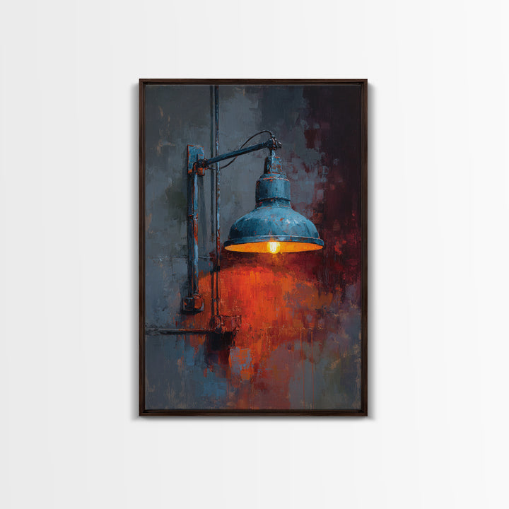 Industrial Lamp with Warm Glow Framed Canvas Print, Industrial Art, Abstract Painting, Living Room Decor, Fine Art, Foundry, IND-2x3-55