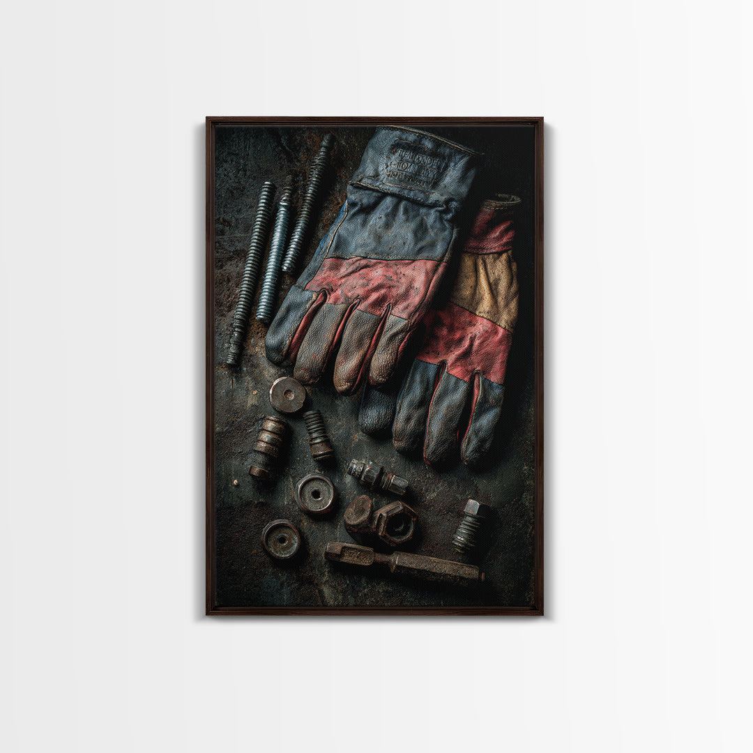 Worn Work Gloves and Bolts Arrangement Canvas Print, Industrial Art, Textured Wall Art, Living Room Decor, Foundry, IND-2x3-74