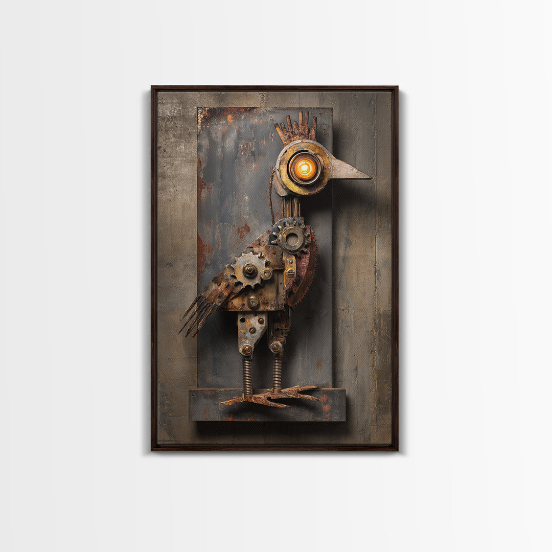 Mechanical Bird Made from Gears Framed Canvas Print, Industrial Art, Texas Art, Living Room Decor, Fine Art, Foundry, IND-2x3-75