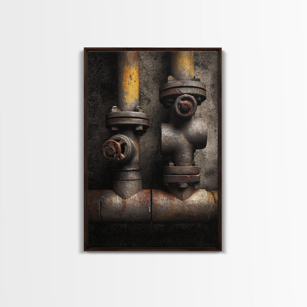 Metal Pipes and Valves as Graphic Composition Framed Canvas Print, Industrial Art, Bauhaus Poster, Living Room Decor, Foundry, IND-2x3-88