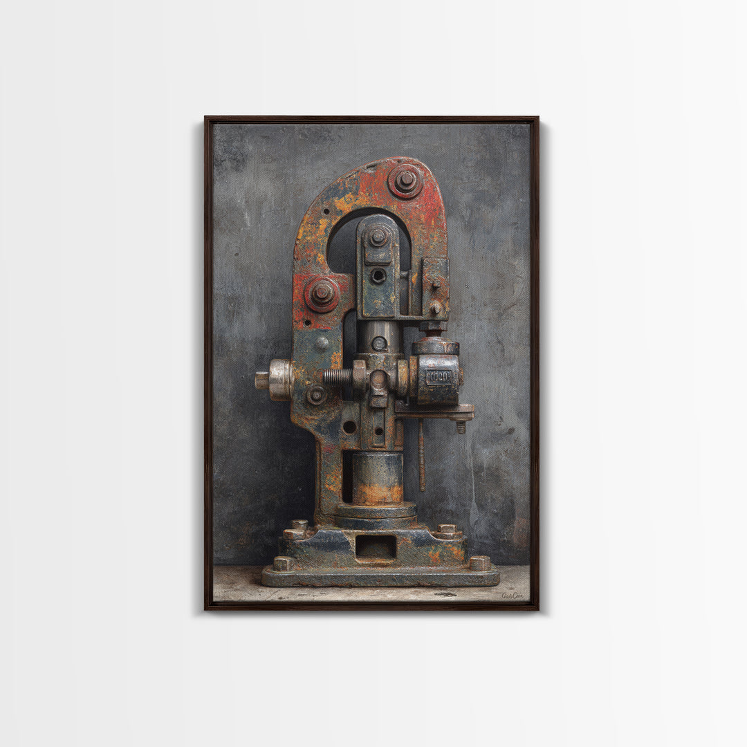 Brass Gauge and Machinery Still Life Framed Canvas Print, Industrial Art, Bauhaus Poster, Living Room Decor, Fine Art, Foundry, IND-2x3-93