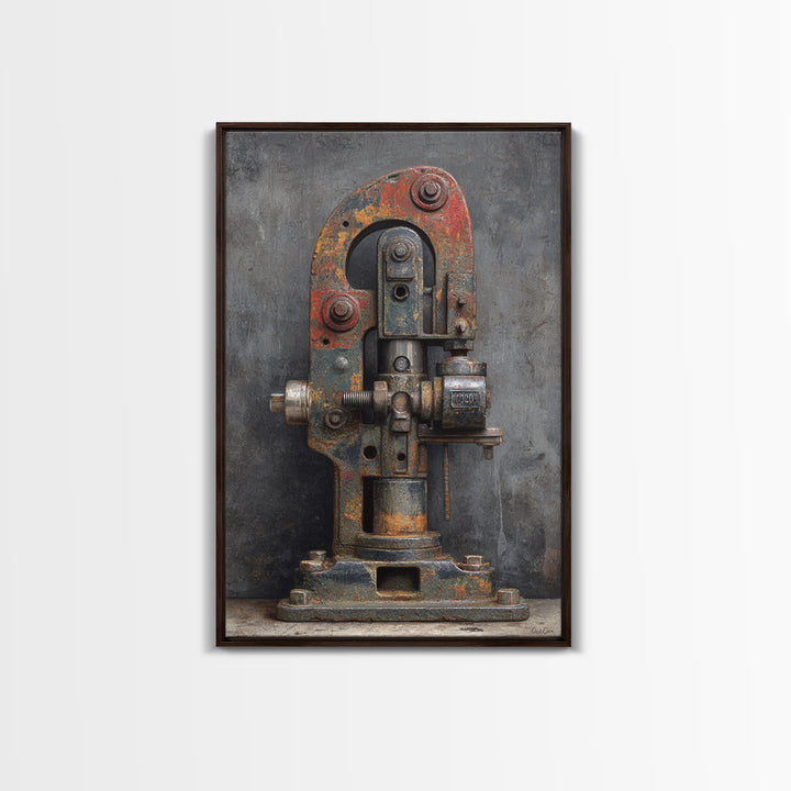 Brass Gauge and Machinery Still Life Framed Canvas Print, Industrial Art, Bauhaus Poster, Living Room Decor, Fine Art, Foundry, IND-2x3-93