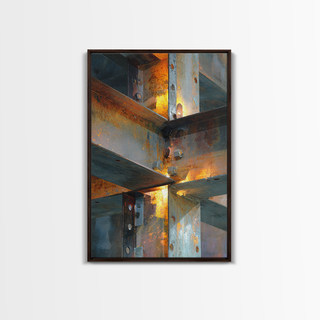 Steel Beams Crossing Like Abstract Lines Framed Canvas Print, Industrial Art, Living Room Decor, Abstract Art, Foundry, IND-2x3-97