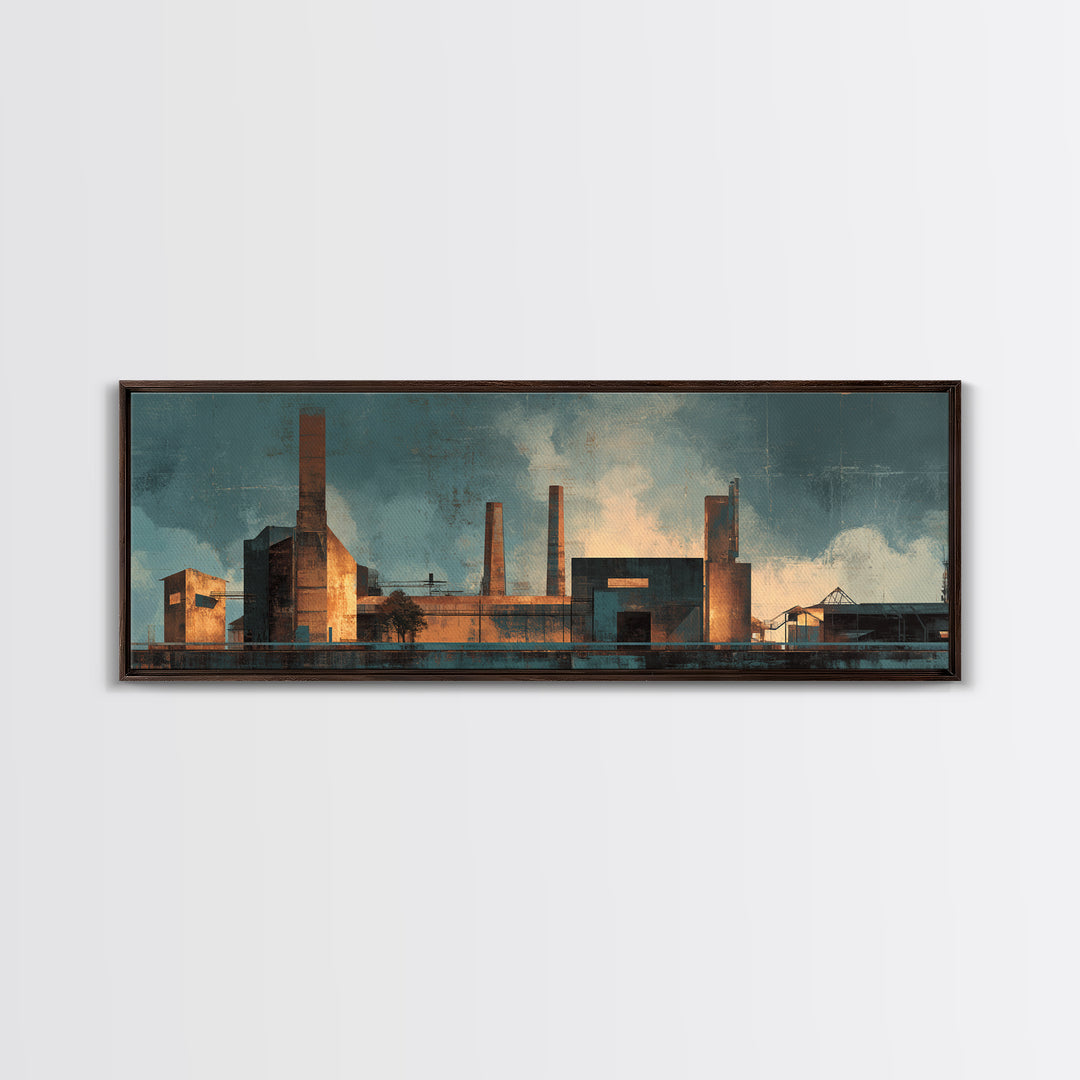 Factory Smokestacks with Moody Sky Framed Canvas Print, Industrial Art, Wall Hanging, Living Room Decor, Fine Art, Foundry, IND-3x1-51