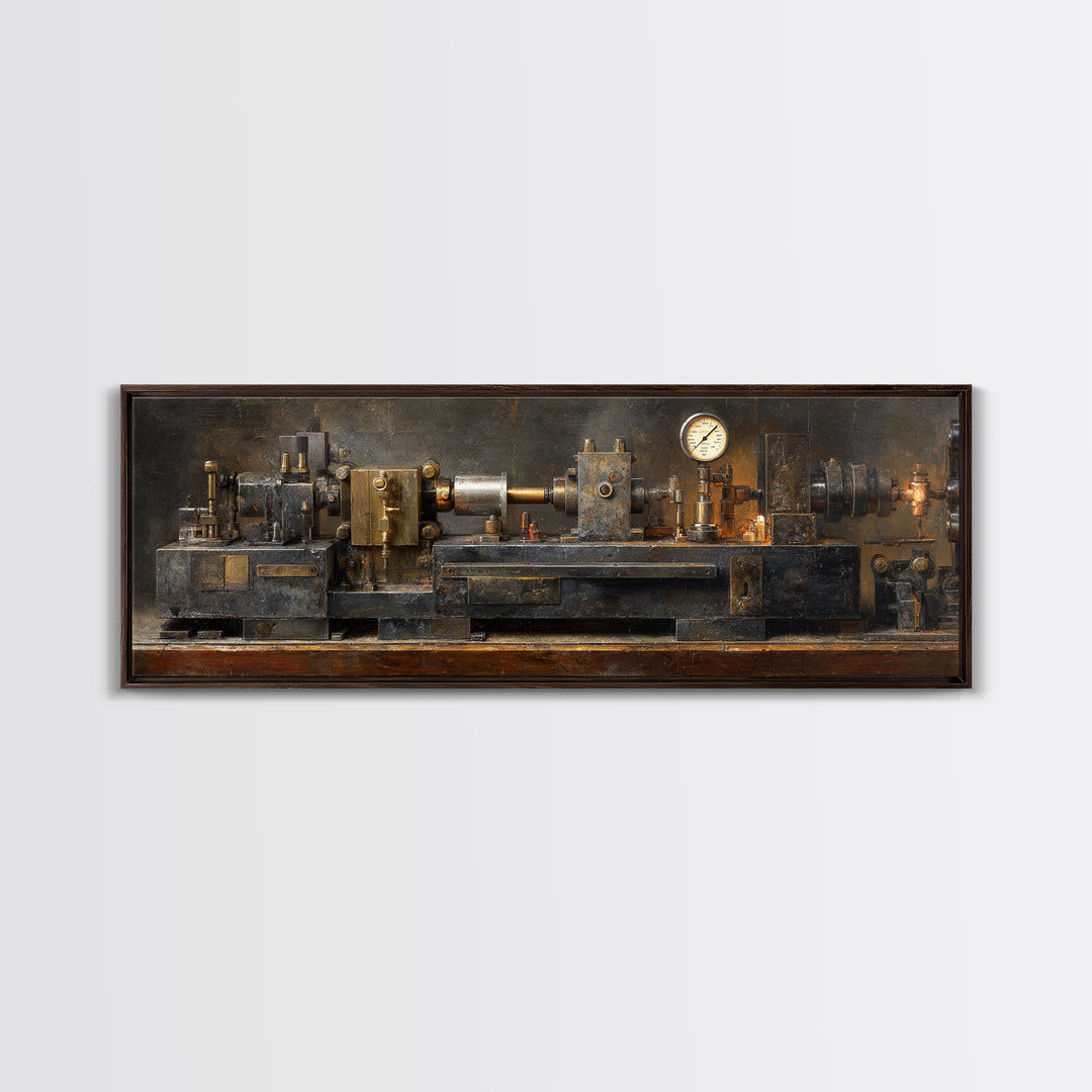 Brass Gauge and Machinery Still Life Framed Canvas Print, Industrial Art, Fine Art Print, Living Room Decor, Fine Art, Foundry, IND-3x1-53