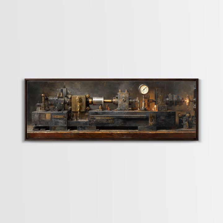 Brass Gauge and Machinery Still Life Framed Canvas Print, Industrial Art, Fine Art Print, Living Room Decor, Fine Art, Foundry, IND-3x1-53