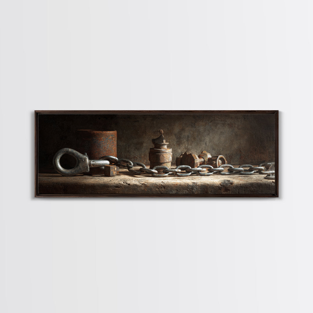Chain and Hook Still Life Framed Canvas Print, Industrial Art, Wall Art, Living Room Decor, Fine Art, Foundry, Original Art, IND-3x1-56