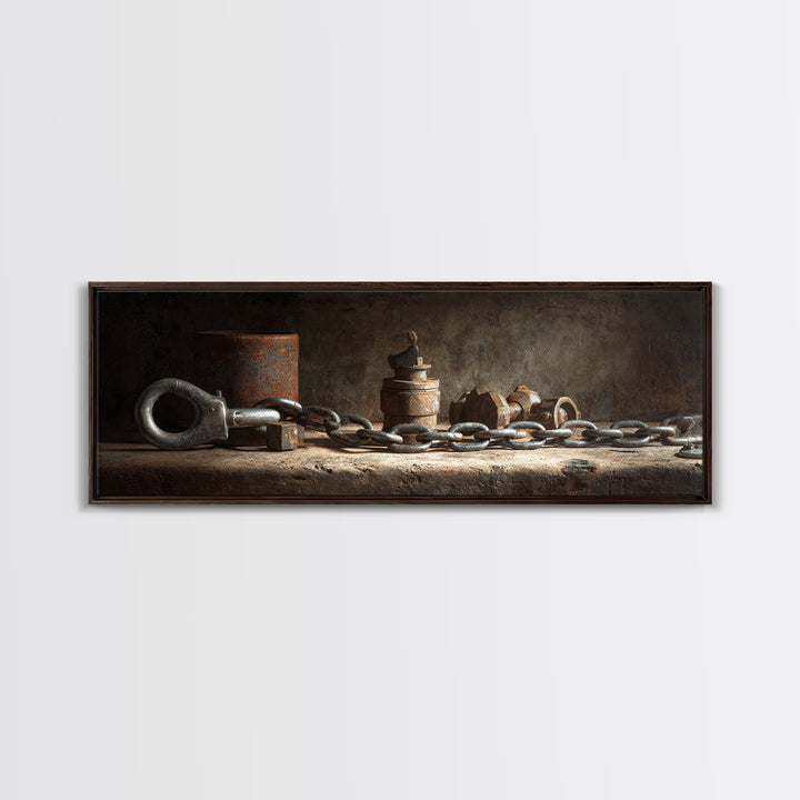 Chain and Hook Still Life Framed Canvas Print, Industrial Art, Wall Art, Living Room Decor, Fine Art, Foundry, Original Art, IND-3x1-56