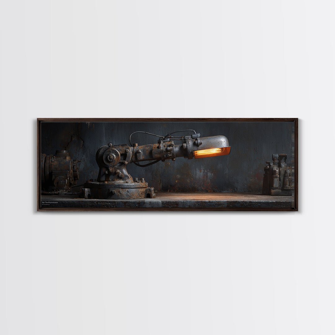 Industrial Lamp with Warm Glow Framed Canvas Print, Industrial Art, Textured Wall Art, Living Room Decor, Fine Art, Foundry, IND-3x1-87